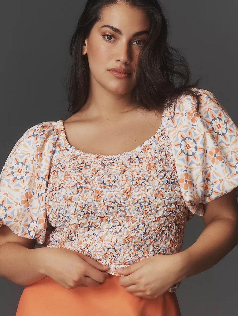 Anthropologie Dolan Off The Shoulder Textured Top in Orange Motif M Cottagecore - Picture 5 of 11